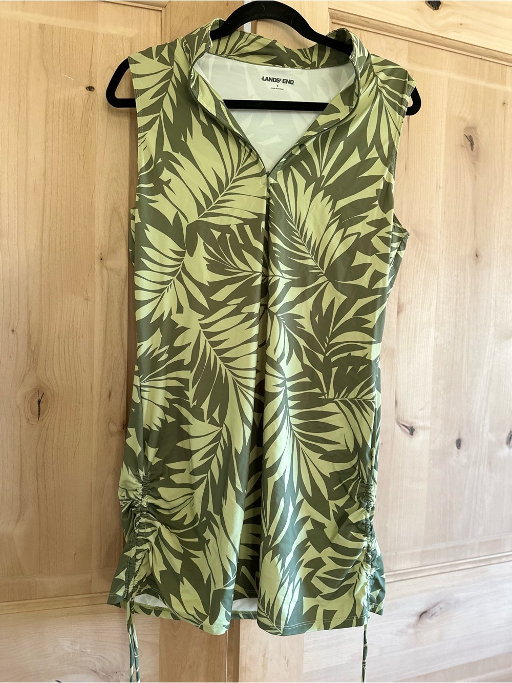 Lands' End Olive Green Leaf Print Sleeveless Athletic Dress